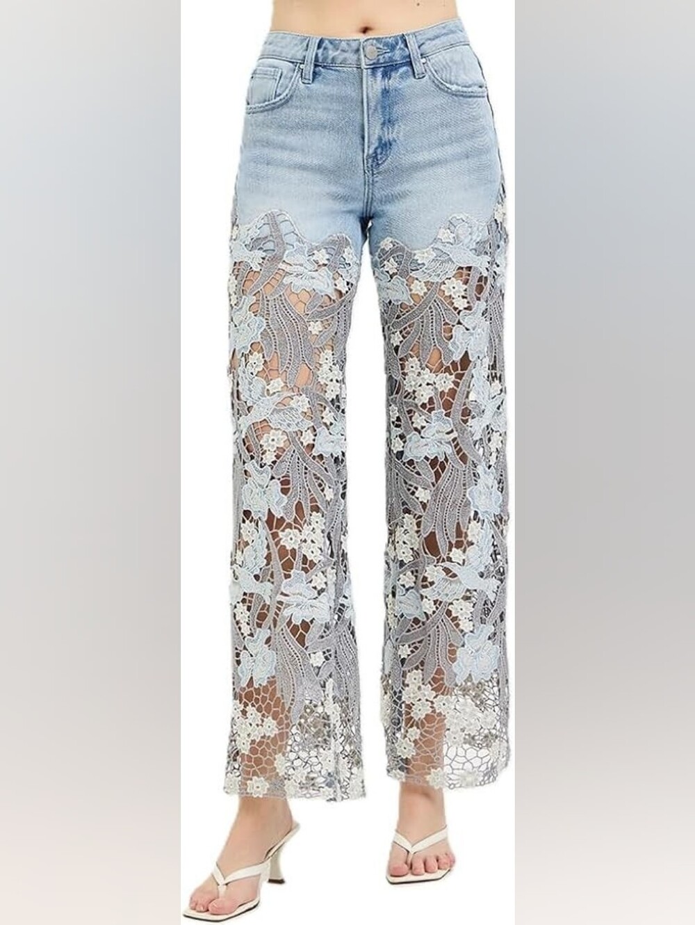 Risen Jeans High-Rise Wide-Leg Jeans with Floral Lace Detail in Light Wash